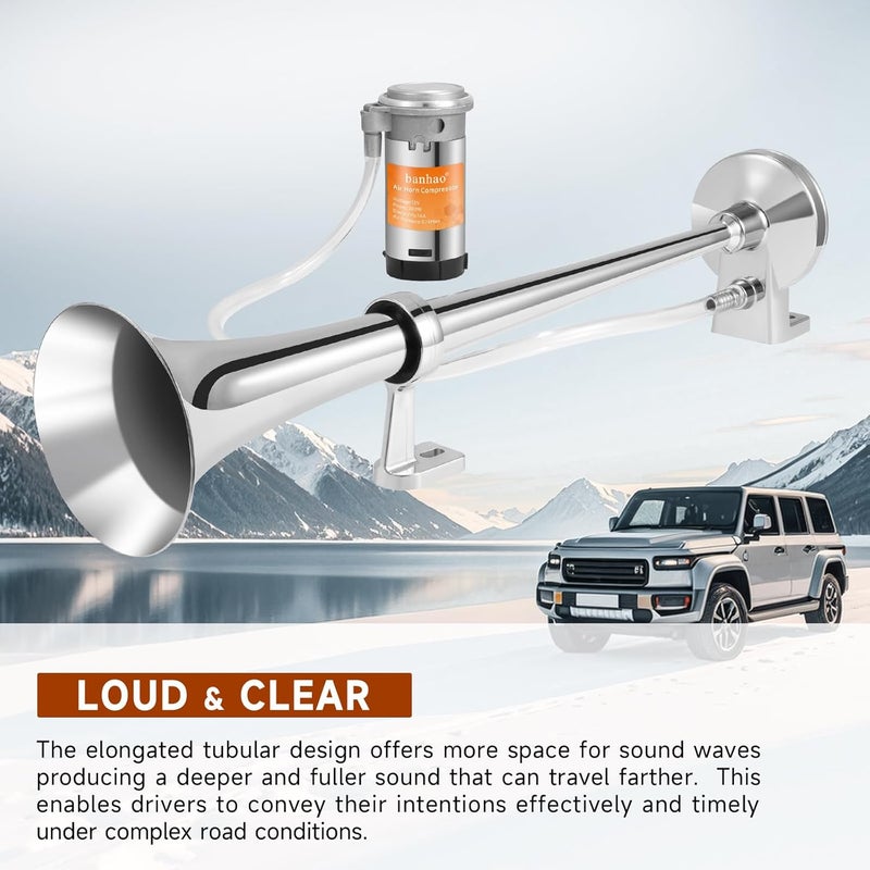 banhao 12V 150db Air Horn, Chrome Zinc Single Trumpet Truck Air Horn with Compressor for Any 12V Vehicles Trucks Lorrys Trains Boats Cars(Chrome horn with button) - Image 2